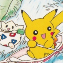 Icon of Pikachu and Togepi. Pikachu is on a boat and Togepi is attached to a rope as they both float down a river.